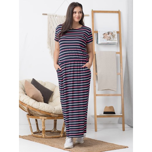 Sukienka long dzianinowa z kieszeniami PLUS SIZE IWONA w paski granat-ecru-neon róż   plus size karko.pl