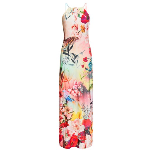 Bonprix sukienka wielokolorowa maxi prosta z żabotem bez rękawów na spacer w kwiaty 