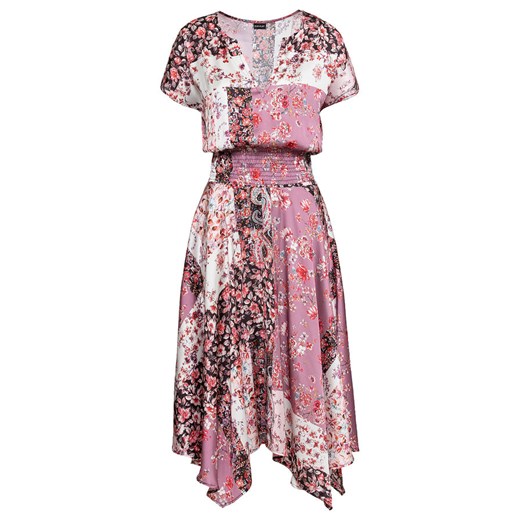 Sukienka różowa Bonprix z satyny midi asymetryczna w abstrakcyjne wzory z krótkim rękawem 