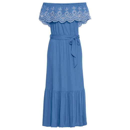 Sukienka Bonprix niebieska z odkrytymi ramionami maxi z dekoltem typu hiszpanka 