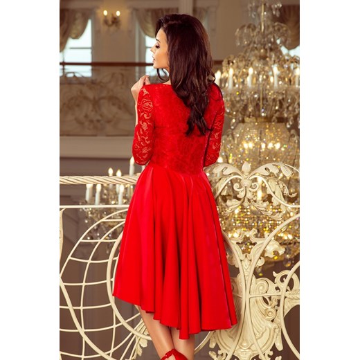 Sukienka Numoco z koronką czerwona z długimi rękawami z dekoltem v 