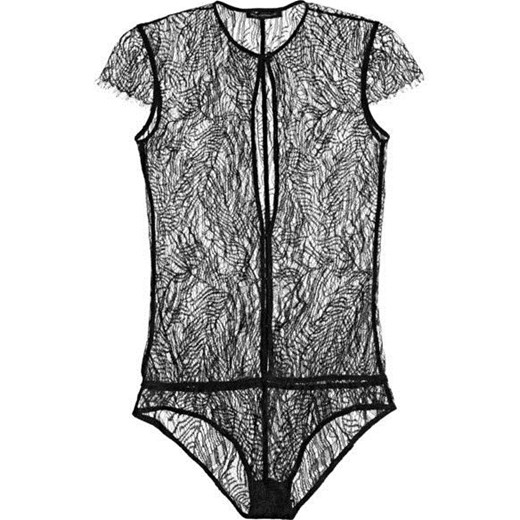 Enchante stretch charmeuse-trimmed Chantilly lace bodysuit