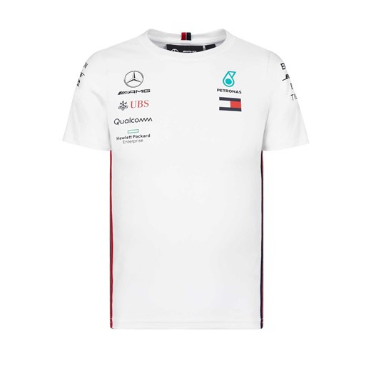 Mercedes Amg Petronas F1 Team t-shirt chłopięce z elastanu biały z krótkim rękawem z napisem 