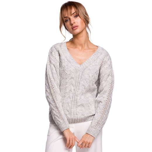M510 Ażurowy sweter z dekoltem w serek - szary ze sklepu Świat Bielizny w kategorii Swetry damskie - zdjęcie 89472806