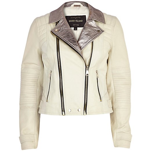 White metallic lapel leather biker jacket river-island bezowy kurtki