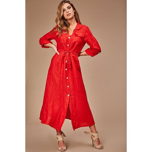 Sukienka czerwona lniana midi z długimi rękawami 