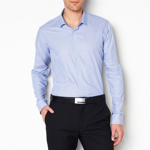 Koszula z nadrukiem w drobniutką krateczkę, krój dopasowany (slim), długi rękaw la-redoute-pl niebieski bawełniane