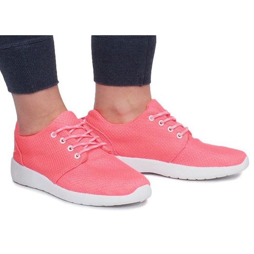 Buty sportowe damskie Butymodne w stylu młodzieżowym sznurowane ze skóry ekologicznej różowe bez wzorów na płaskiej podeszwie 