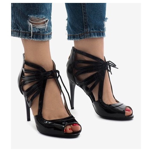 Butymodne sandały damskie sznurowane czarne na szpilce na wysokim obcasie eleganckie 