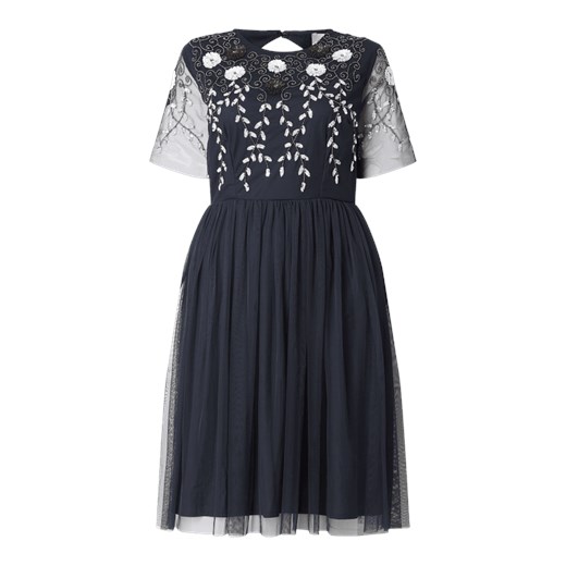 Sukienka Lace & Beads z krótkim rękawem z tiulu z aplikacją rozkloszowana na sylwestra 