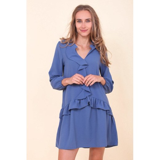 Niebieska rozkloszowana sukienka z falbankami - Odzież Royalfashion.pl XL royalfashion.pl