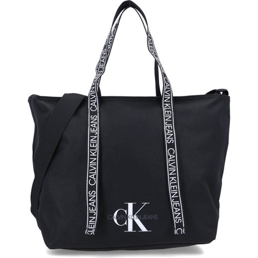 Shopper bag Calvin Klein duża na ramię z kolorowym paskiem 