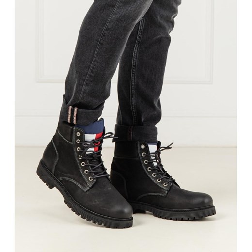 Buty zimowe męskie Tommy Jeans casualowe czarne wiązane skórzane 