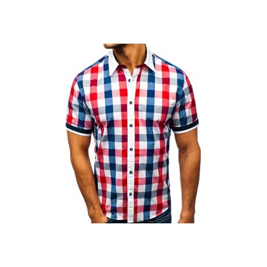 Koszula męska elegancka w kratę z krótkim rękawem czerwona Bolf 8901 M Denley promocyjna cena