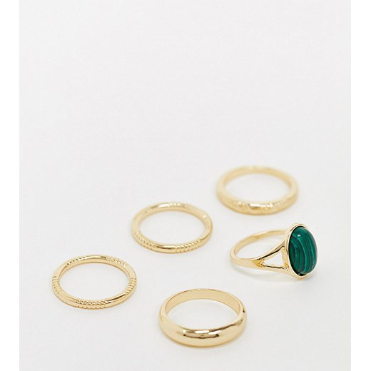 ASOS DESIGN Curve – Zestaw 5 pierścionków w kolorze złotym z różnymi wzorami i zielonym malachitem S / M Asos Poland