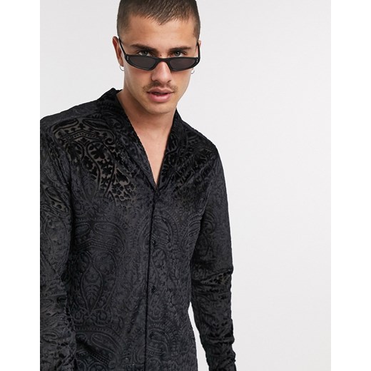 ASOS DESIGN – Czarna koszula o regularnym kroju ze wzorem paisley i szalowym kołnierzykiem-Czarny M Asos Poland