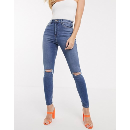 ASOS DESIGN – Ridley – Niebieskie obcisłe jeansy z podwyższonym stanem i rozcięciami na kolanach W25 L32 Asos Poland