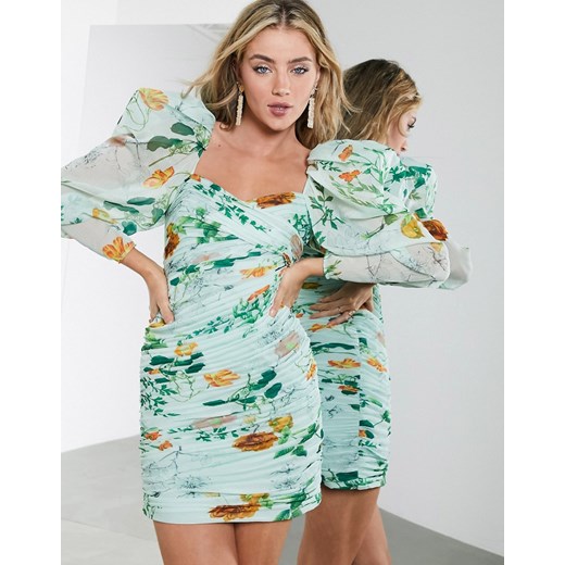 ASOS EDITION – Zielona marszczona sukienka mini w kwiaty z bufkami-Wielokolorowy 40 Asos Poland
