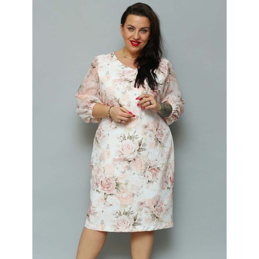 Sukienka ołówkowa PAOLA rękawy tiulowe ze ściągaczem ecru w pudrowe róże Plus Size karko.pl