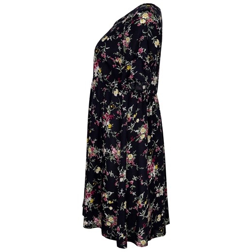 Sukienka rozkloszowana AMEBA ozdobna falbanka na rękawie granatowa w różowe kwiaty Grandio 38 grandio
