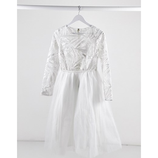 Rare London – Biała tiulowa sukienka midi z koronkową górą i długim rękawem-Biały Rare 44 promocyjna cena Asos Poland
