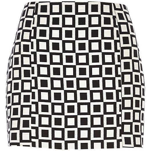 Black and white square print mini skirt river-island szary mini