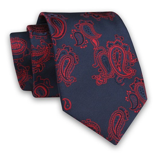 Ciemny Granatowy Elegancki Męski Krawat -ALTIES- 7cm, Stylowy, Klasyczny, w Czerwony Wzór Paisley KRALTS0518 ze sklepu JegoSzafa.pl w kategorii Krawaty - zdjęcie 91829697