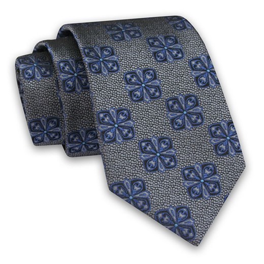 Szary Elegancki Męski Krawat -ALTIES- 7cm, Stylowy, Klasyczny, w Niebieski Wzór Geometryczny KRALTS0505 ze sklepu JegoSzafa.pl w kategorii Krawaty - zdjęcie 91829785