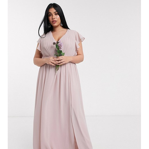 TFNC Plus – Różowa sukienka maxi z kolekcji ślubnej z głębokim dekoltem i zwiewnymi rękawami-Różowy Tfnc Plus 48 Asos Poland