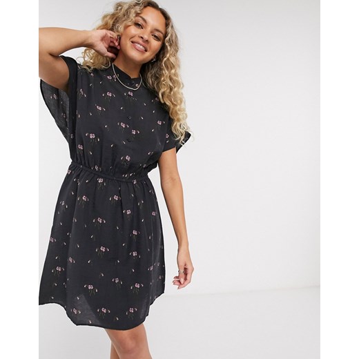 & Other Stories – Czarna sukienka mini ze wzorem w kwiaty zebrana w talii-Czarny XS Asos Poland