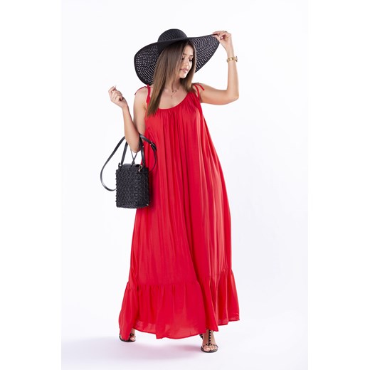 Oversize'owa sukienka maxi z regulowanymi ramiączkami i falbanami na dole Lilalou U EVOSTYLE.pl