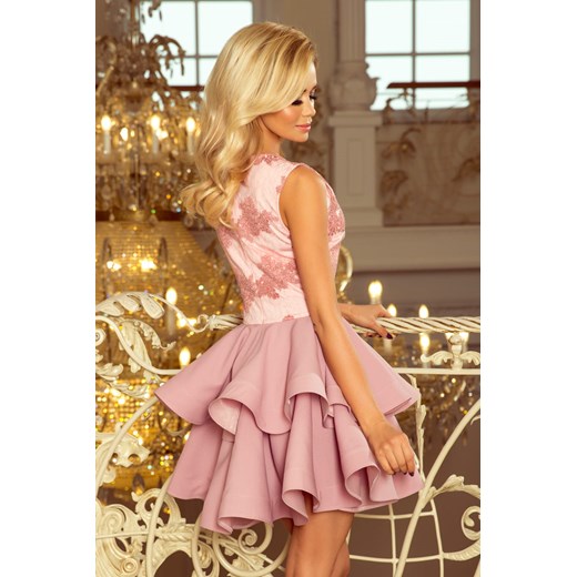 200-5 CHARLOTTE - ekskluzywna sukienka z koronkowym dekoltem - PUDROWY RÓŻ Numoco L okazyjna cena PATINA Fashion Boutique