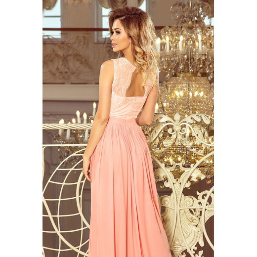 211-5 LEA długa suknia bez rękawków z koronkowym dekoltem - PUDROWY RÓŻ Numoco XL promocja PATINA Fashion Boutique