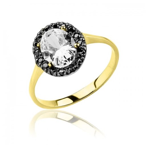 Złoty duży pierścionek retro z czarnymi i białymi cyrkoniami Hosa Hosa