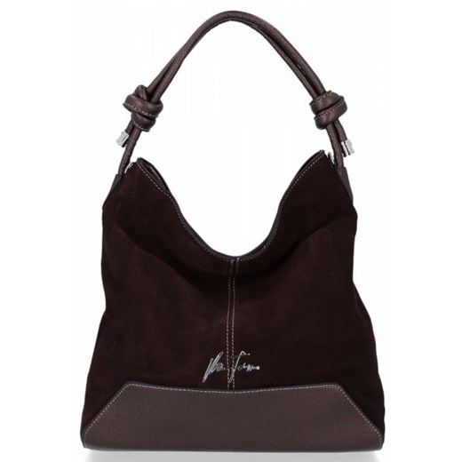 Shopper bag Velina Fabbiano z zamszu bez dodatków brązowa duża elegancka 