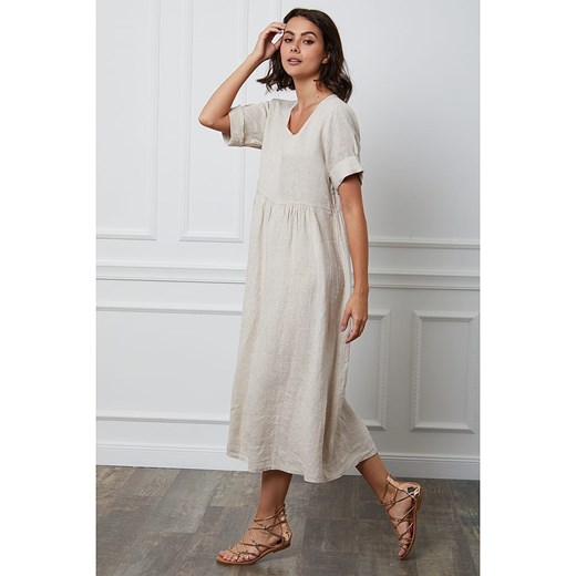 Sukienka Fleur De Lin lniana beżowa luźna z okrągłym dekoltem 