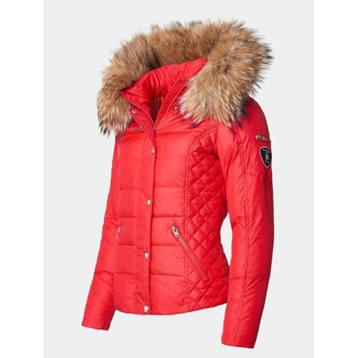 ROCKANDBLUE Krótka ciepła kurtka puchowa na zimę ZORA w kolorze czerwonym z naturalnym kołnierzem z jenota Rockandblue 38 cordon.pl