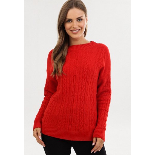 Sweter damski Born2be czerwony z okrągłym dekoltem casual 