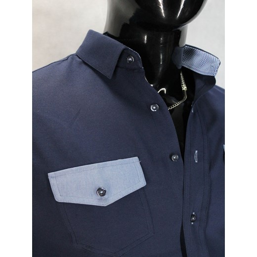 Granatowa koszula męska z ciekawym wykończeniem SLIM FIT koszule24-eu niebieski ciekawe