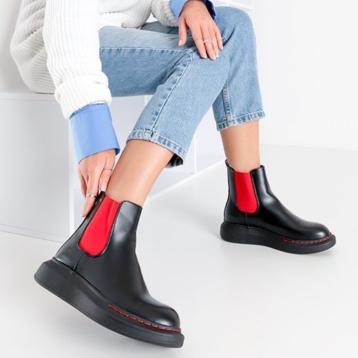 Czarne damskie botki na platformie z czerwonymi wstawkami Ciaramella - Obuwie Royalfashion.pl 36 royalfashion.pl