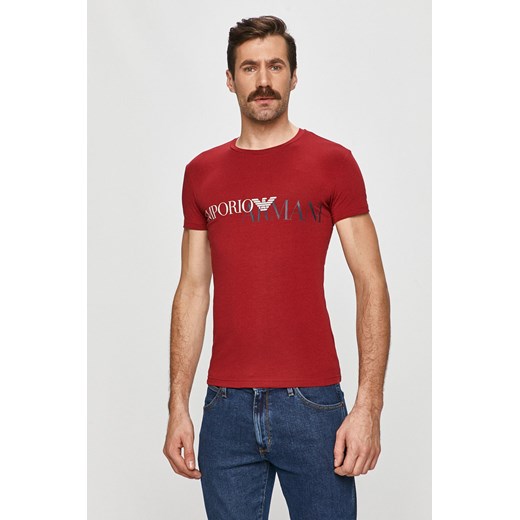 T-shirt męski czerwony Emporio Armani z napisami z krótkim rękawem 