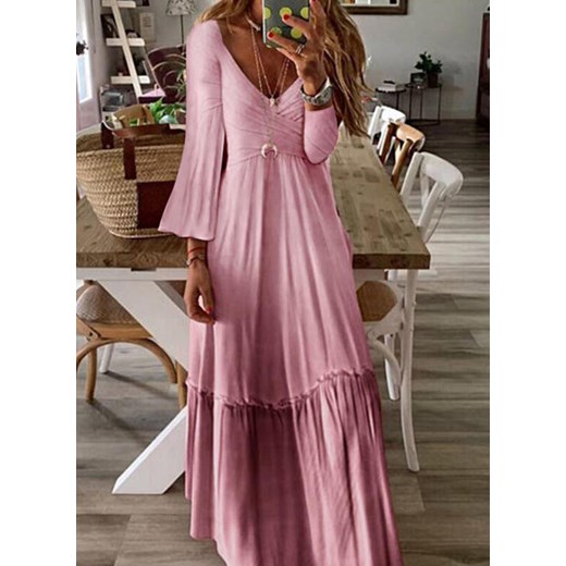 Sukienka Sandbella różowa w serek trapezowa z długim rękawem 