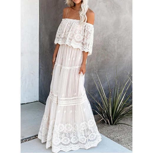 Sukienka Sandbella maxi biała na wiosnę z odkrytymi ramionami 