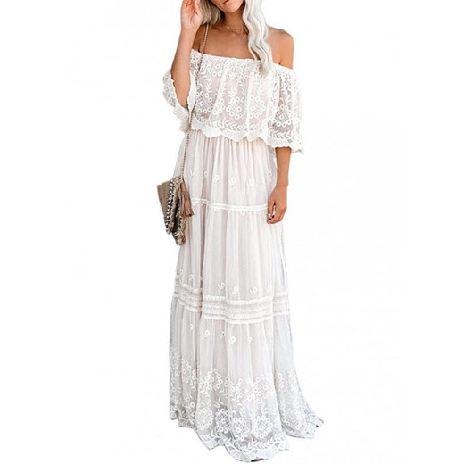 Sukienka Sandbella biała maxi z odkrytymi ramionami dzienna 