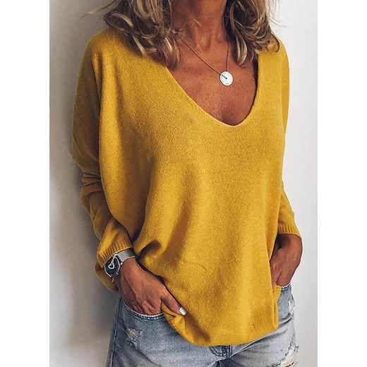 Długi rękaw dekolt V luźny boho basic na co dzień jednolity  casual cienki Luna sweter (S) Sweter M wyprzedaż sandbella