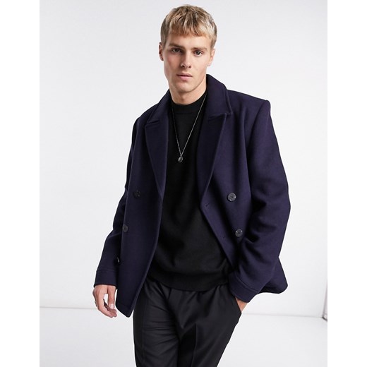 ASOS DESIGN – Granatowa kurtka marynarska z mieszanki wełny-Granatowy,ASOS DESIGN – Dwurzędowy płaszcz typu bosmanka z mieszanki wełny w kolorze granatowym L Asos Poland