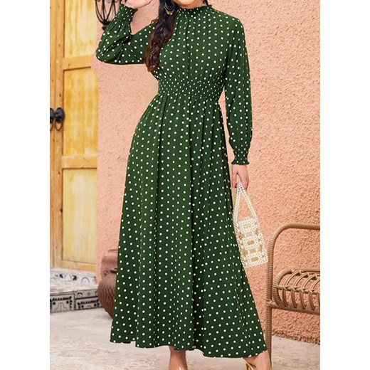 Sandbella sukienka maxi zielona na jesień z długim rękawem w groszki dzienna trapezowa 