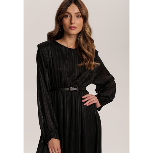 Sukienka czarna Renee z okrągłym dekoltem dzienna z długim rękawem maxi elegancka 