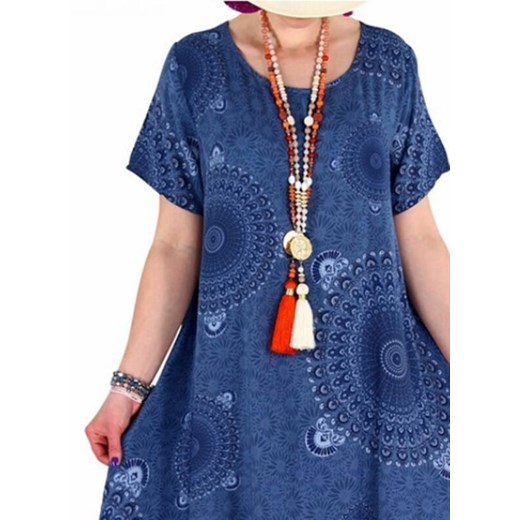 Sukienka Sandbella w abstrakcyjnym wzorze z okrągłym dekoltem oversize z krótkim rękawem granatowa na co dzień 