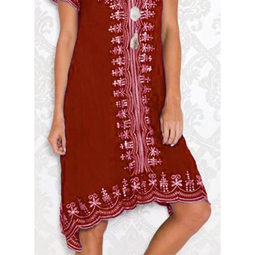 Sukienka Sandbella czerwona z krótkim rękawem w abstrakcyjne wzory z dekoltem w serek mini 